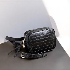 Ela X Sasha black croc embossed faux leather vegan cross body belt bag satchel